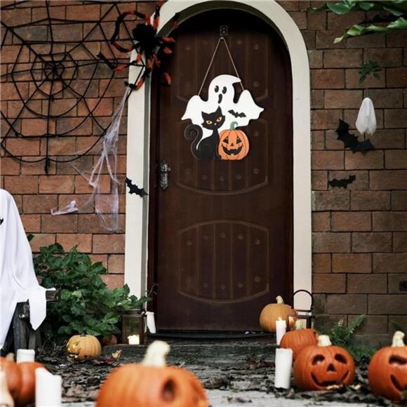 Halloween Decoration Wooden Ghost Door Halloween Wreaths for Front Door Sign - Picture 3 of 8